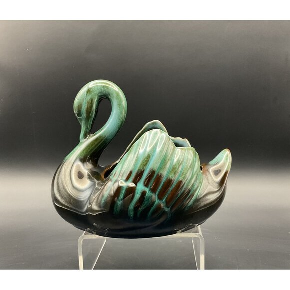 Vtg Blue Mountain Pottery Ceramic Swan Planter Vase Blue Green Drip Glaze Canada - Picture 3 of 8